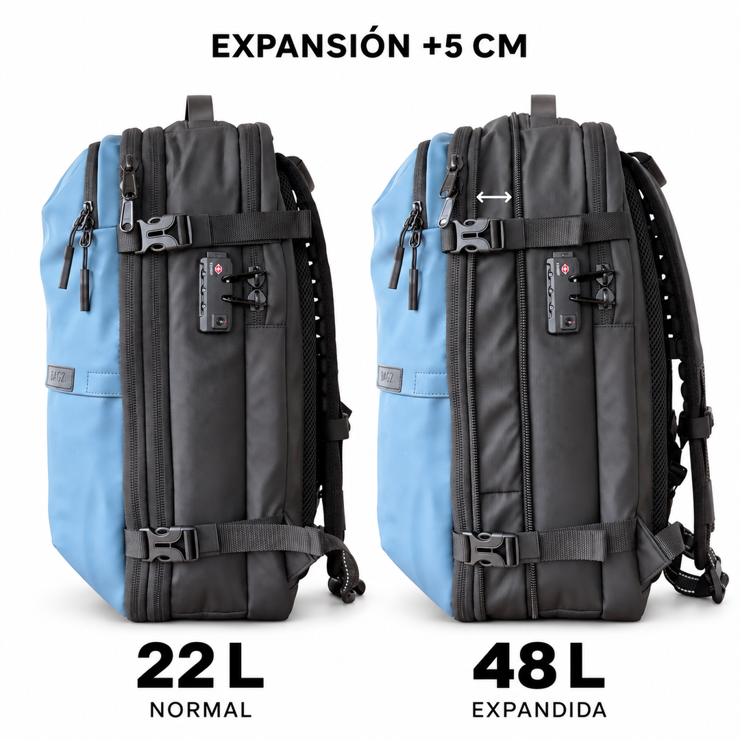 Mochila de viaje Berlin azul 48L comprimible – Bagz, vista 3