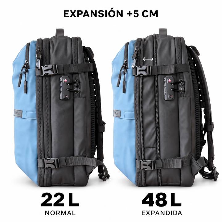 Mochila de viaje Berlin azul 48L comprimible – Bagz, vista 3