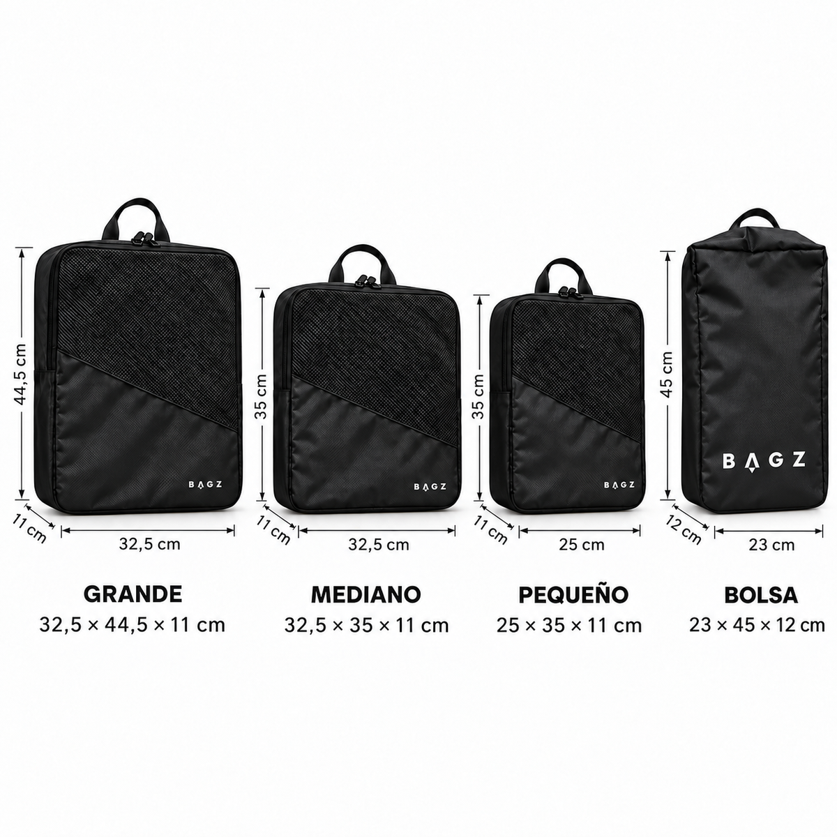 Packing Cube Bagz - medidas: grande 32,5 x 44,5 x 11, mediano 32,5 x 35 x 11, pequeño 25 x 35 x 11 y bolsa 23 x 45 x 12 cm