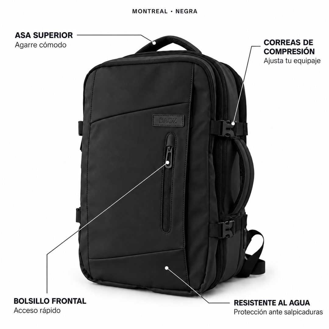 Mochila de viaje Montreal negra 59L comprimible – Bagz, vista 5