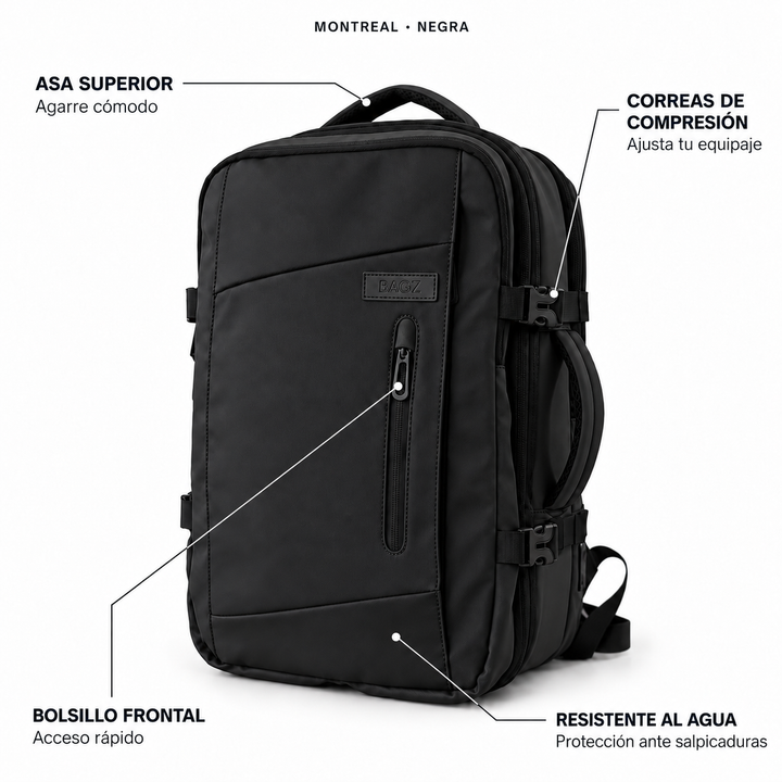 Mochila de viaje Montreal negra 59L comprimible – Bagz, vista 5