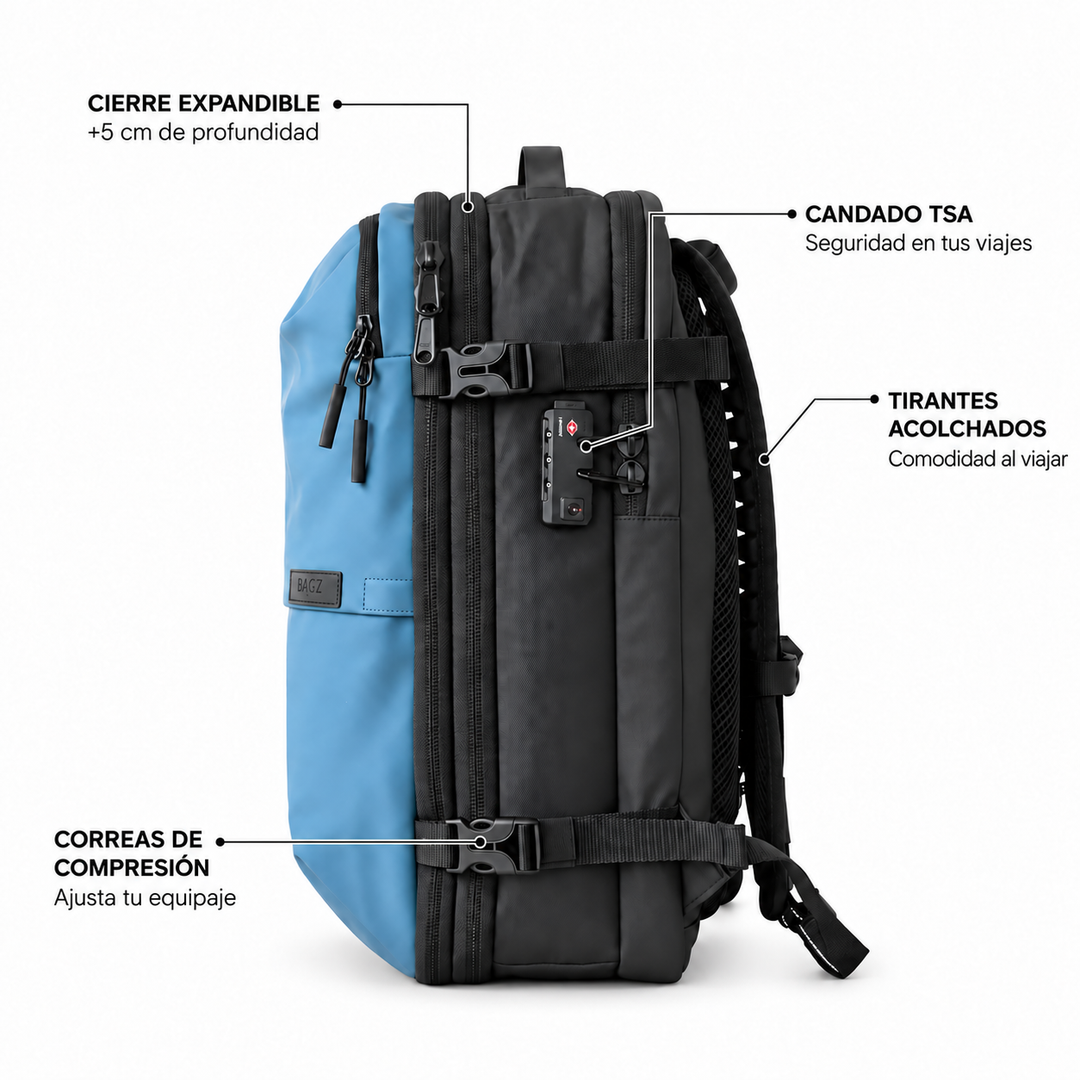 Mochila de viaje Berlin azul 48L comprimible – Bagz, vista 5