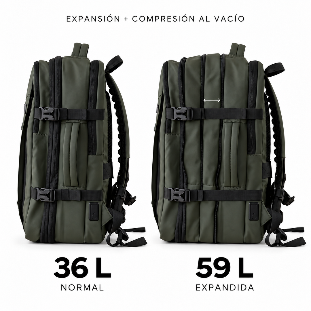 Kit Travel Verde: Mochila 59L + Compresor – Bagz Chile