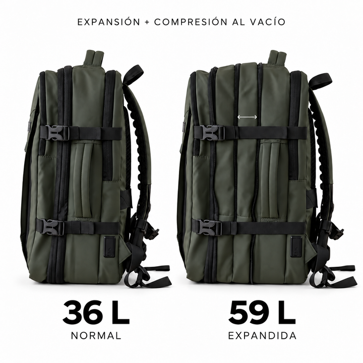 Mochila de viaje Montreal verde 59L comprimible – Bagz, vista 5
