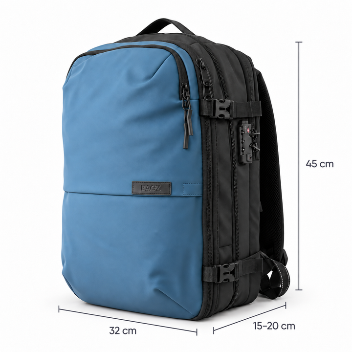 Mochila de viaje Berlin azul 48L comprimible – Bagz, vista 4