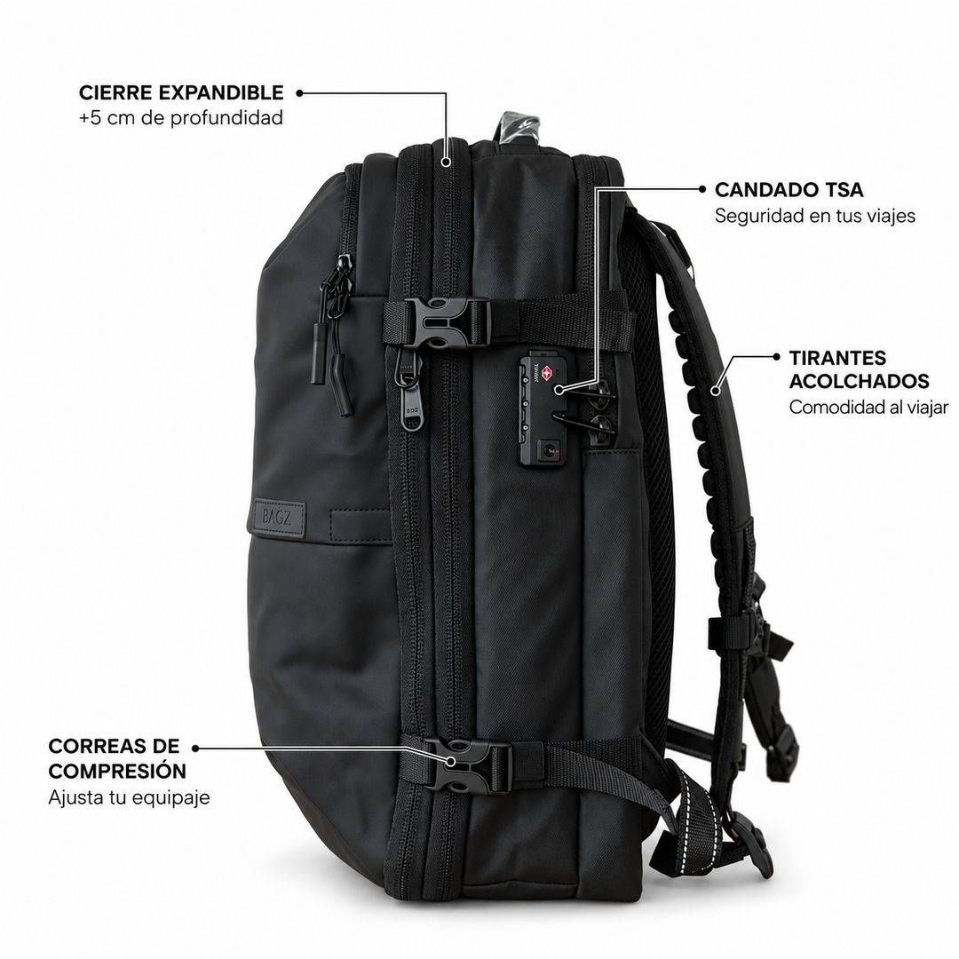 Mochila de viaje Berlin negra 48L comprimible – Bagz, vista 5
