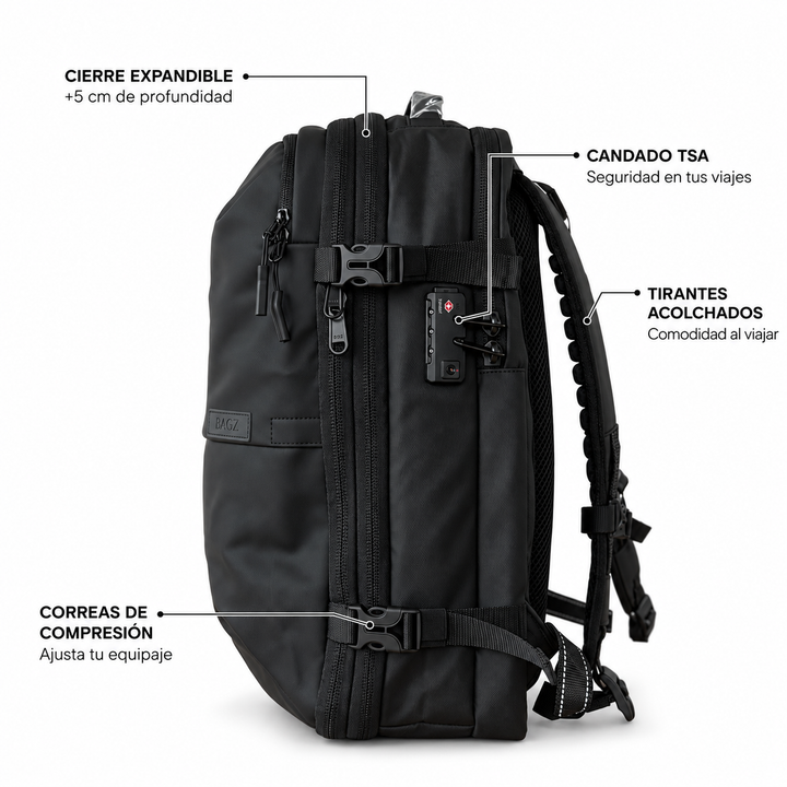 Mochila de viaje Berlin negra 48L comprimible – Bagz, vista 5