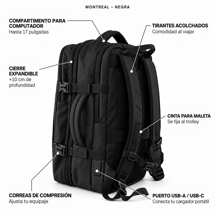 Pack mochila Montreal negra 59L con compresor Airpump, vista 4
