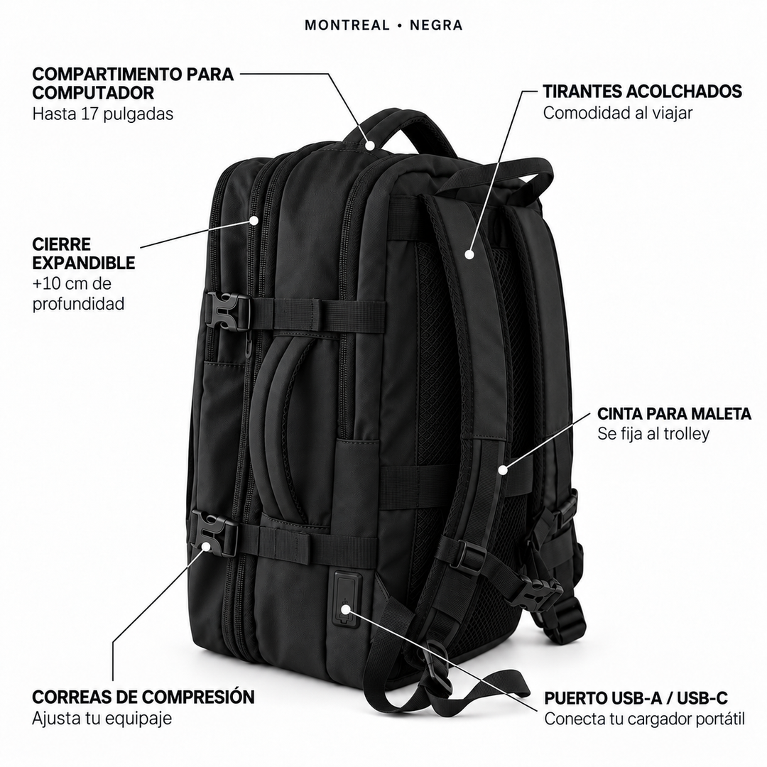 Mochila de viaje Montreal negra 59L comprimible – Bagz, vista 6