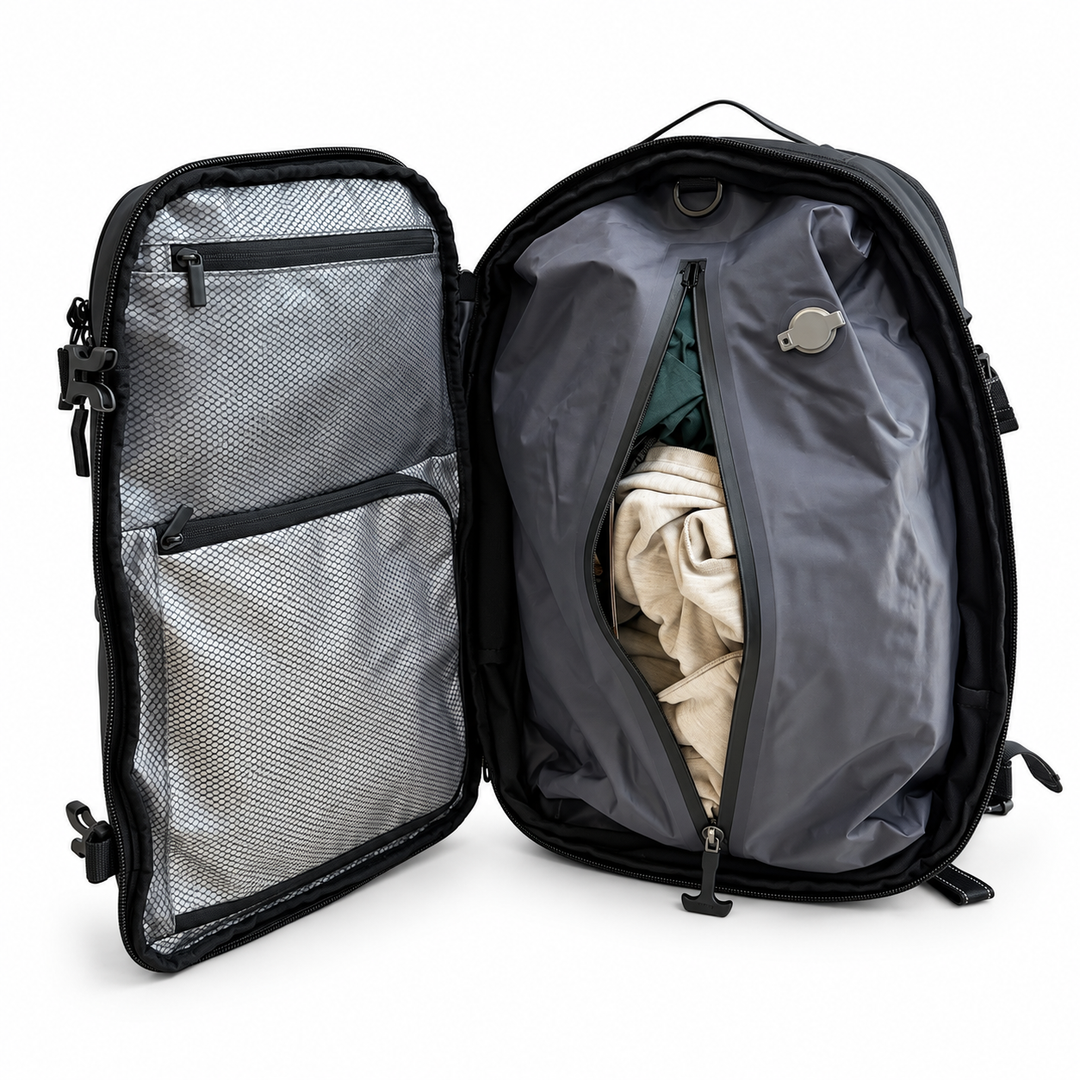 Mochila de viaje Berlin negra 48L comprimible – Bagz, vista 14