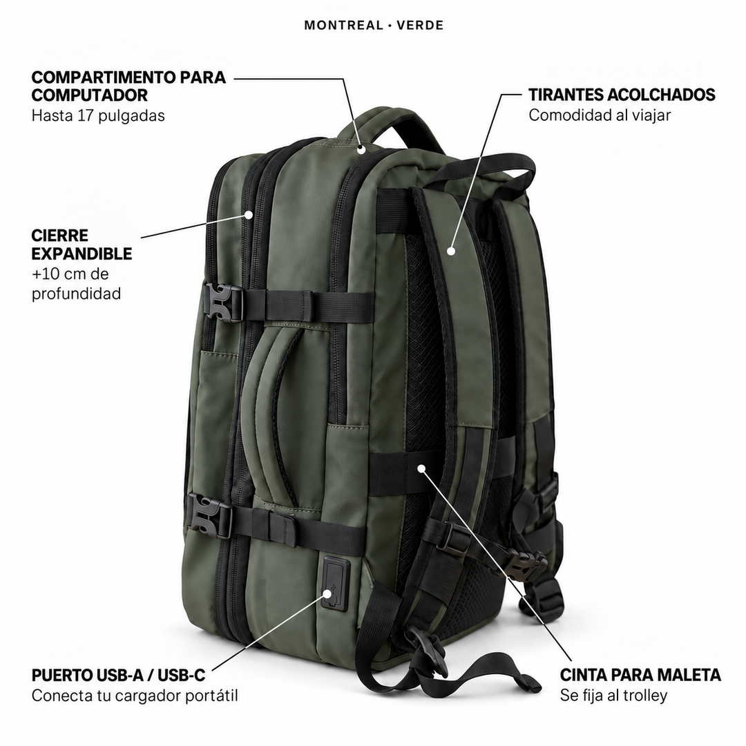 Mochila de viaje Montreal verde 59L comprimible – Bagz, vista 7