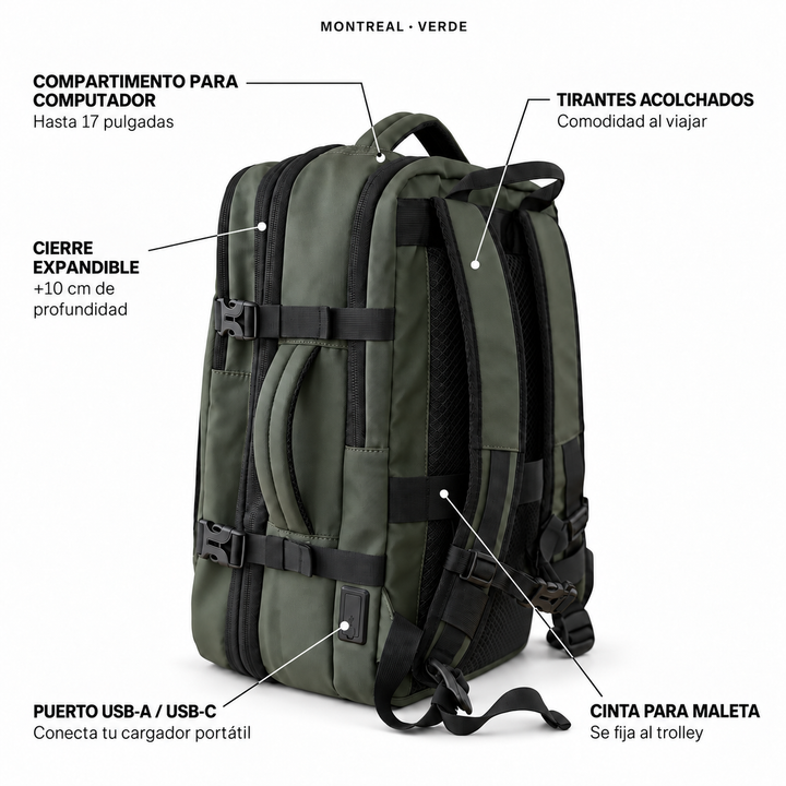 Mochila de viaje Montreal verde 59L comprimible – Bagz, vista 7