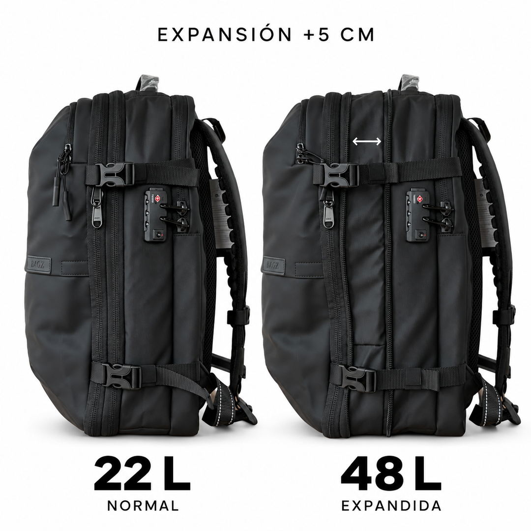 Mochila de viaje Berlin negra 48L comprimible – Bagz, vista 4