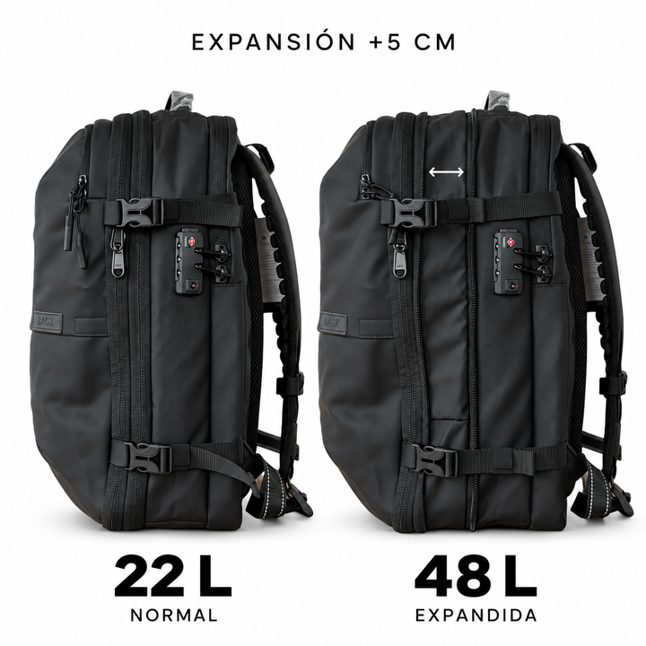 Mochila de viaje Berlin negra 48L comprimible – Bagz, vista 4
