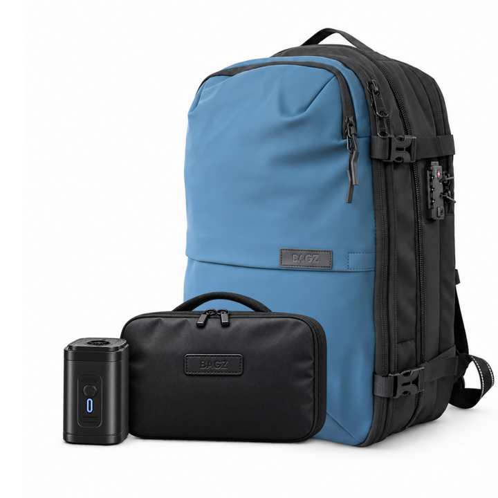 Kit Air Pro azul: mochila Berlin 48L, compresor y neceser – Bagz