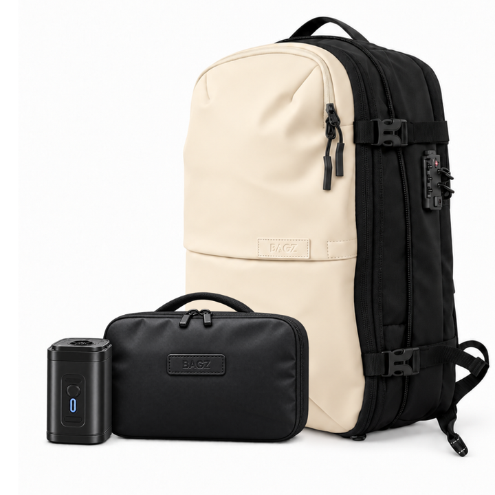 Kit Air Pro beige: mochila Berlin 48L, compresor y neceser – Bagz