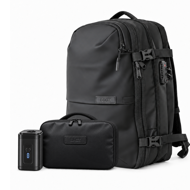 Kit Air Pro negro: mochila Berlin 48L, compresor y neceser – Bagz