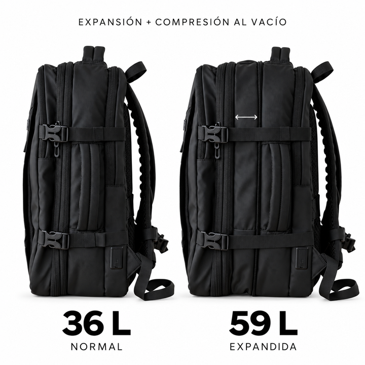 Mochila de viaje Montreal negra 59L comprimible – Bagz, vista 4