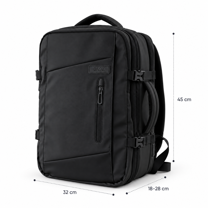 Mochila de viaje Montreal negra 59L comprimible – Bagz, vista 3
