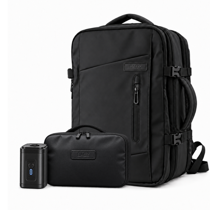 Kit Travel Montreal negro: mochila 59L, compresor y neceser – Bagz